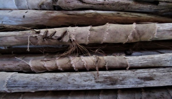 ‘Bandaged’ Driftwood. Watermarked Canvas wrapping, Harakeke stitching and driftwood ‘bones’