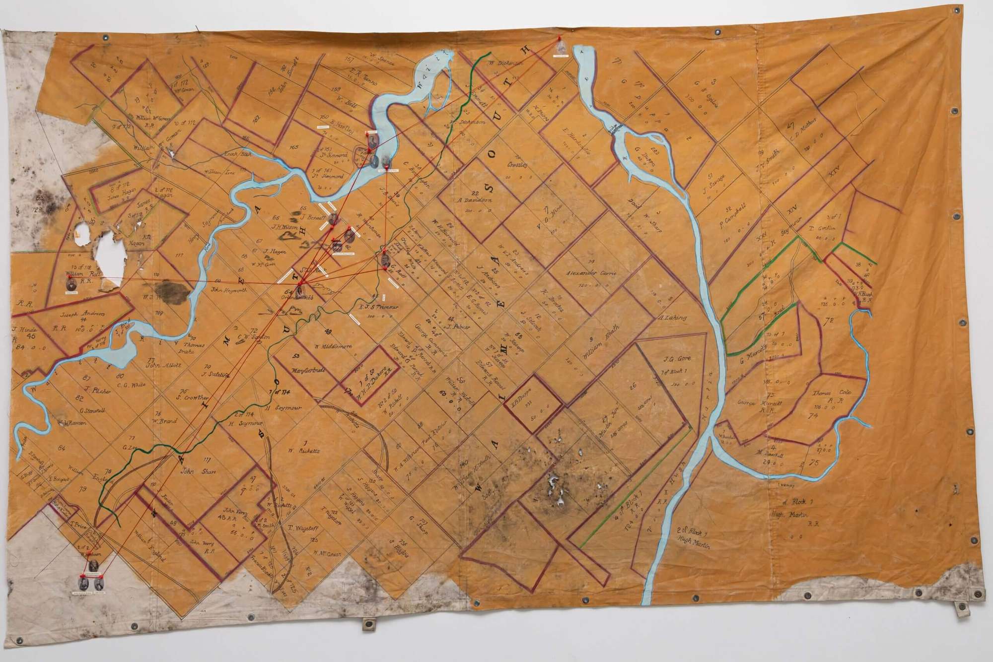 A map showing a township and a river