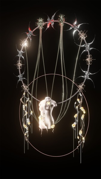 A chrome femme torso is suspended in a void by silver chains and star shapes.