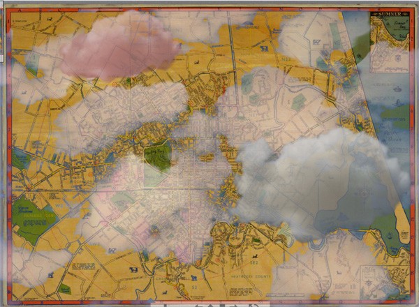 Clouds hover over a map.