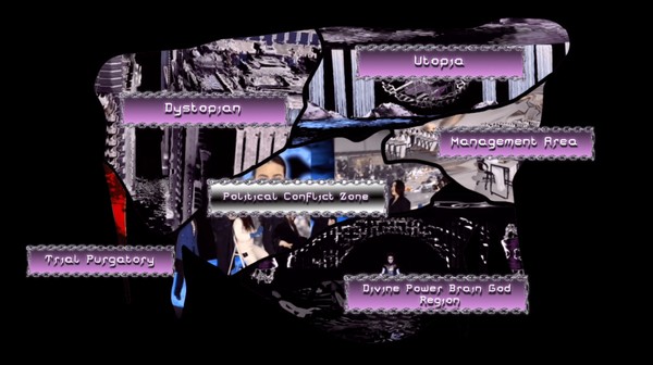A game interface with text blocks framed by chains. 