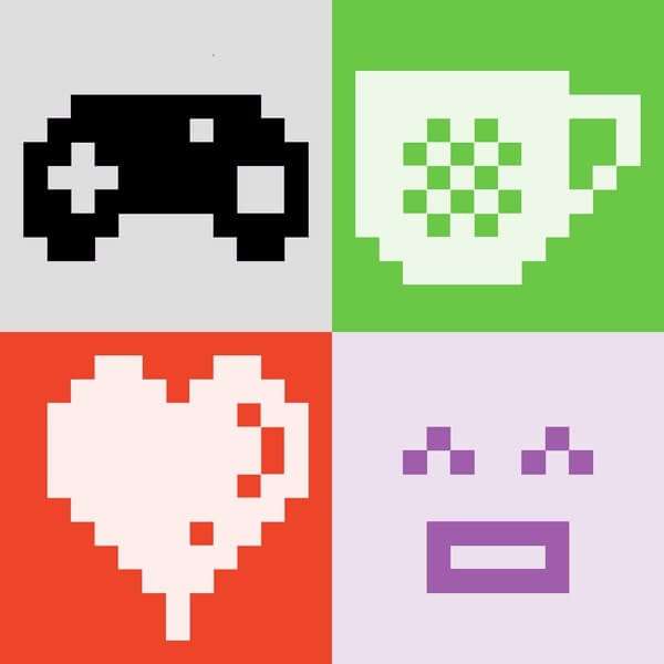 Pixel art showing a game controller, coffee cup, a heart and a smiley face
