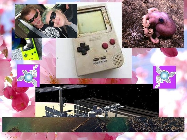 A collage of two people, a game boy and an underwater creature.
