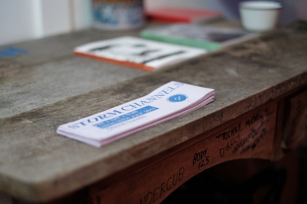 Pamphlets on a desk.