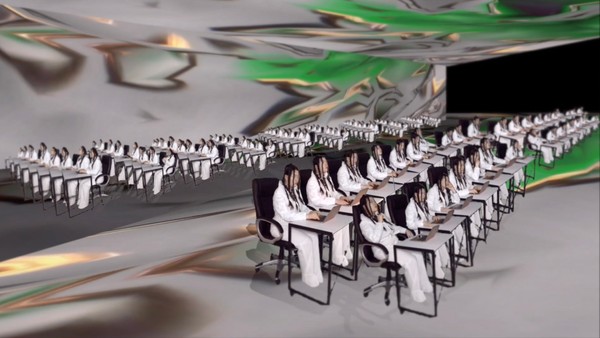 Rows of people wearing a white suit sit at desks inside an abstract space. The room is open to a black void.